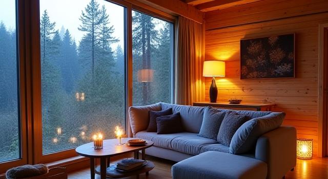 Varmt og moderne hytteinteriør med peis, ullpledd og treverk, skandinavisk hygge